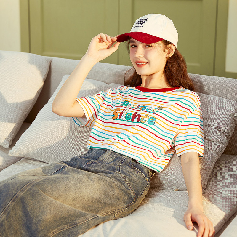 彩色条纹短袖t恤女春夏季唐狮字母印花体恤韩版ins风短袖t恤