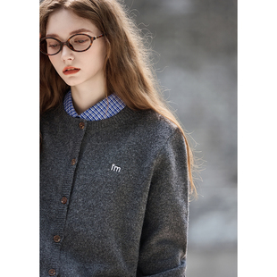 毛线衫 唐狮秋冬新款 毛衣女灰色圆领春秋氛围感穿搭外搭开衫