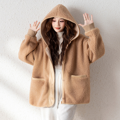 唐狮秋冬季新款女连帽仿羊羔毛时