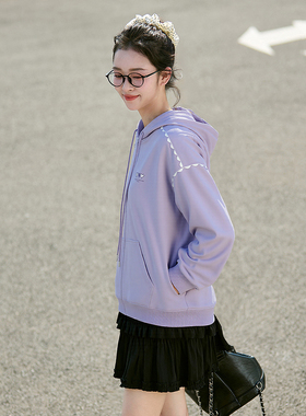 唐狮秋季新款针织外套女印花连帽灰色韩系慵懒风休闲开衫外套tu