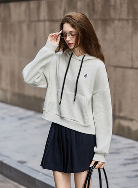 yoe秋季新款连帽卫衣女灰色撞色帽绳设计感休闲套头上衣TM