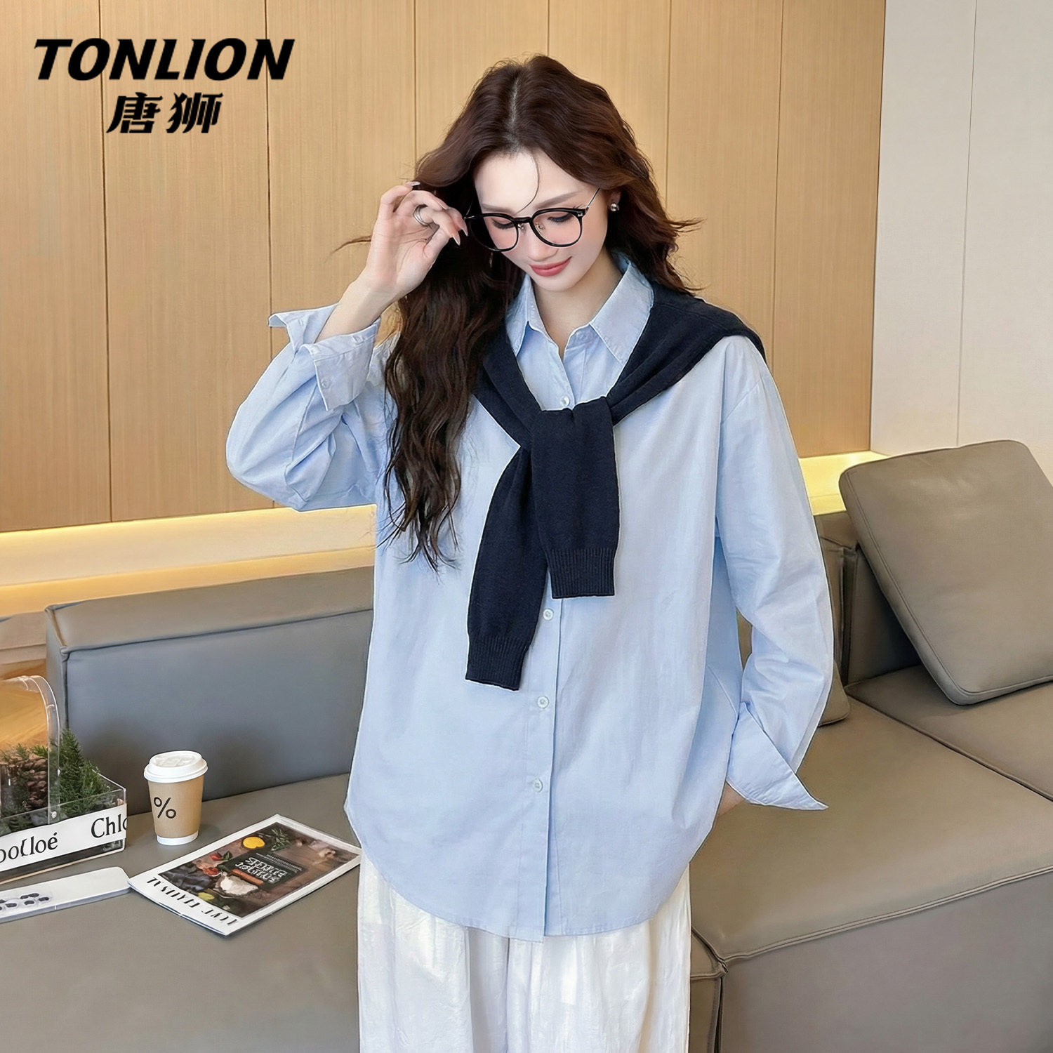 唐狮官方蓝色披肩长袖衬衫女春秋款2026新款女士宽松显瘦上衣女V