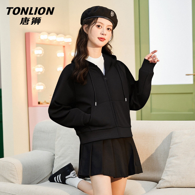 唐狮官方黑色卫衣外套女2026新款春秋款女款连帽短款开衫上衣女V