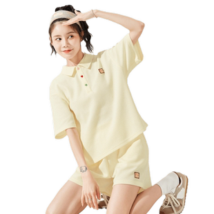 唐狮夏运动休闲女士套装Polo领上衣短袖T恤短裤两件套纯色学院风