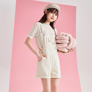 小众设计背带裤 唐狮休闲短裤 净色黑色阔腿短裤 夏季 女宽松背带裤