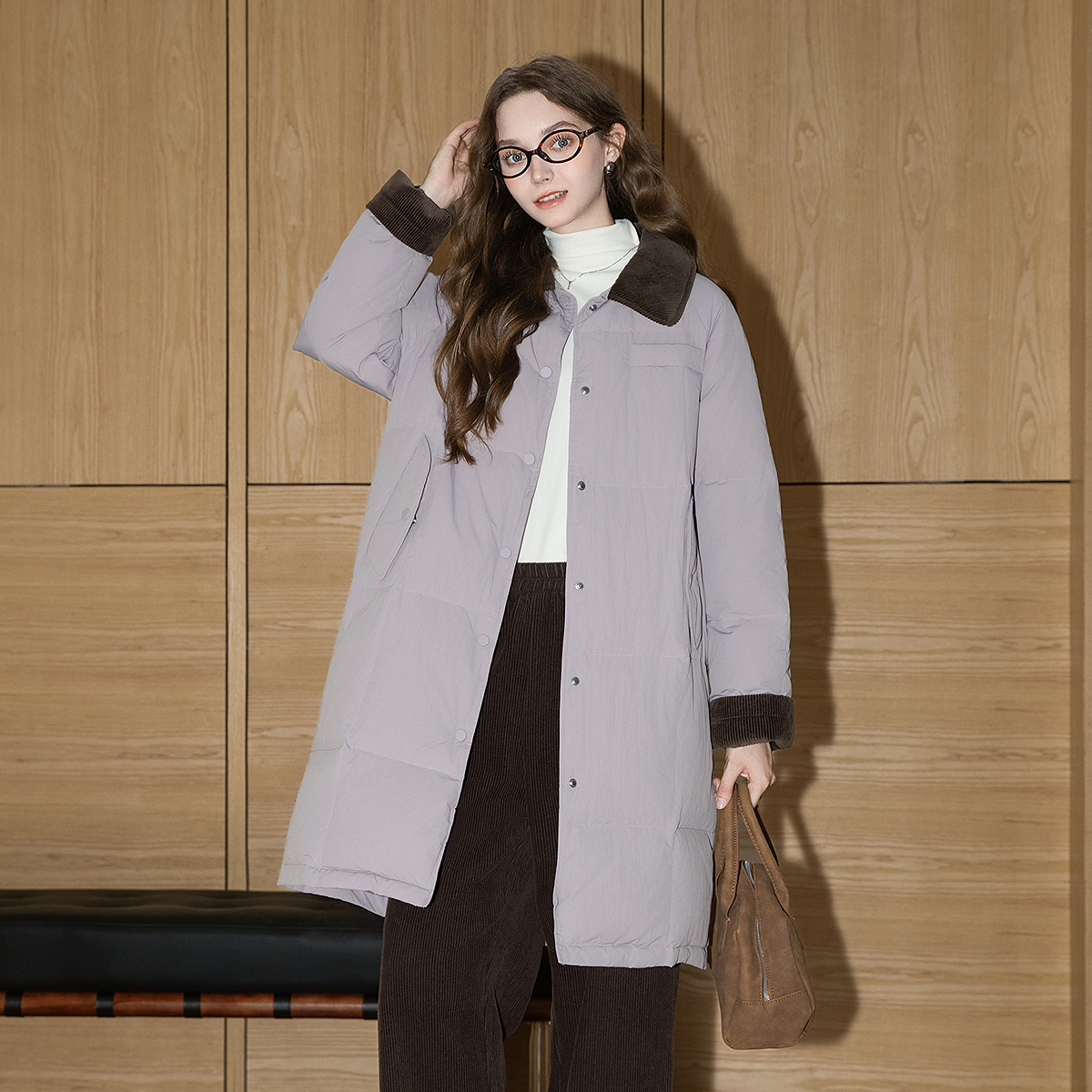 唐狮冬长款羽绒服女过膝翻领拼接灯芯绒撞色宽松少女外套时尚TUTA