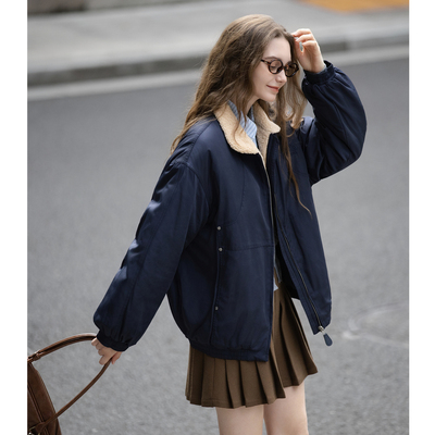 唐狮秋冬季短款厚外套女撞色仿羊