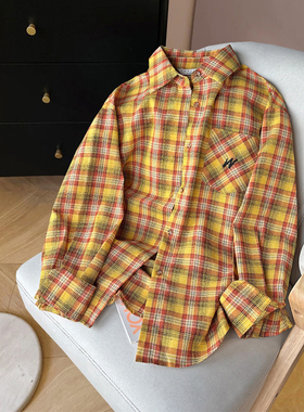 唐狮新款女长袖衬衫衬衣外套格子黄轻薄衬衫女上衣夏季薄款blTM