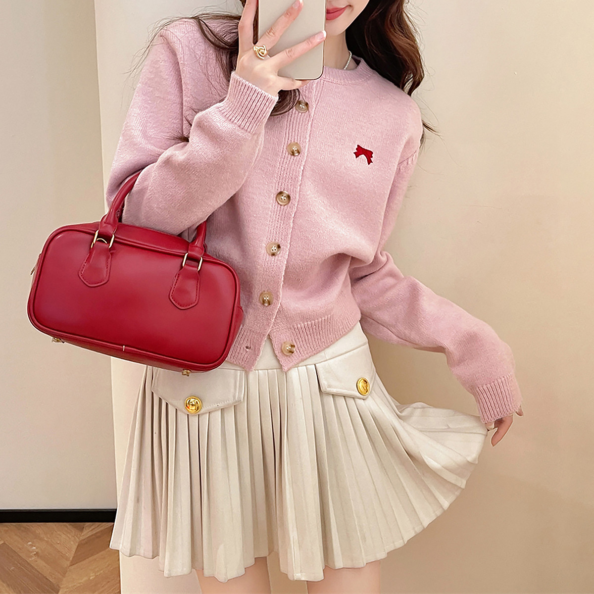 唐狮新款圆领开衫毛衣女粉色甜美气质蝴蝶结刺绣针织衫上衣ydTD