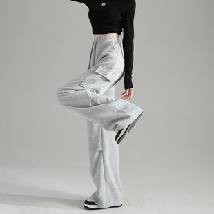 唐狮春秋新款女休闲裤宽松直筒阔腿裤显瘦百搭黑工装长裤 TD