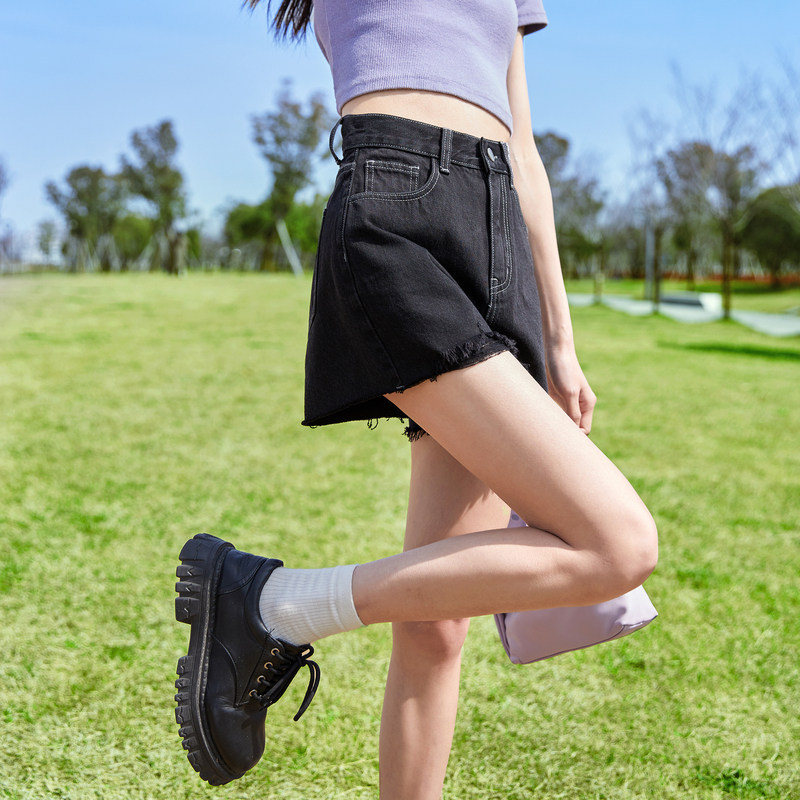 唐狮高腰辣妹宽松破洞毛边小个子春夏季牛仔短裤女a字显瘦休闲