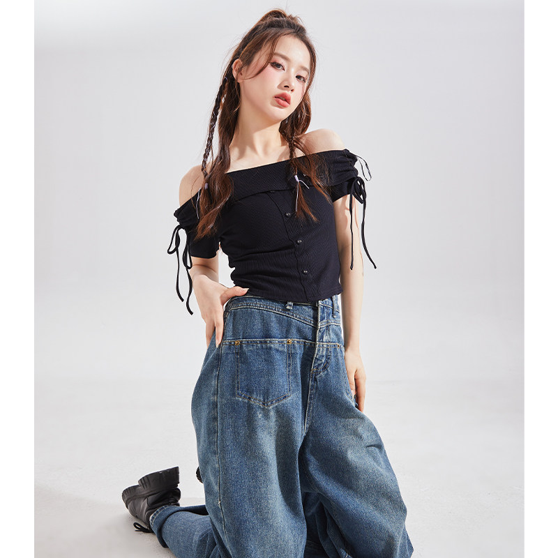 唐狮夏季新款女短袖T恤一字肩抽绳辣妹上衣时尚潮流休闲显瘦G