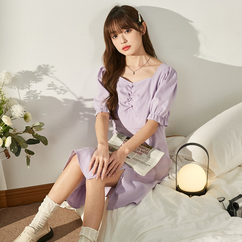 唐狮夏装法式连衣裙女装气质中长款淑女设计感开叉青少年裙子潮