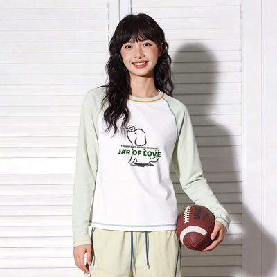 唐狮2026春秋插肩袖撞色女新款长袖T恤挺括面料圆领潮流套头T恤VS
