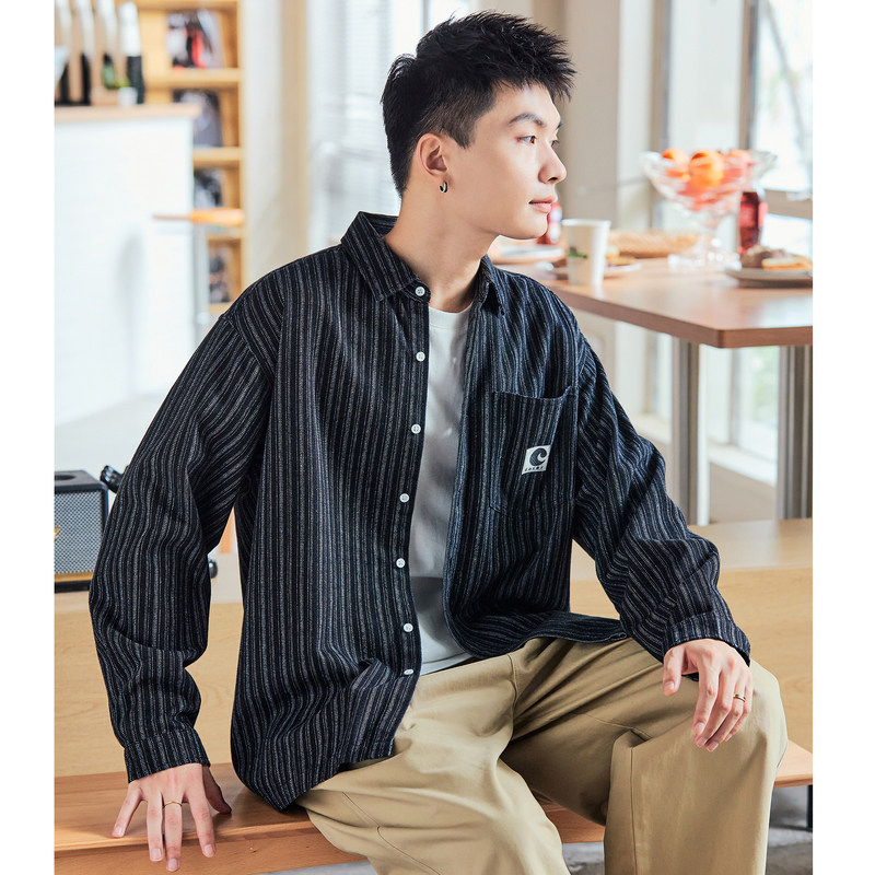 唐狮春秋新款男士翻领长袖牛仔衬衫条纹工装外套复古港风休闲潮TE