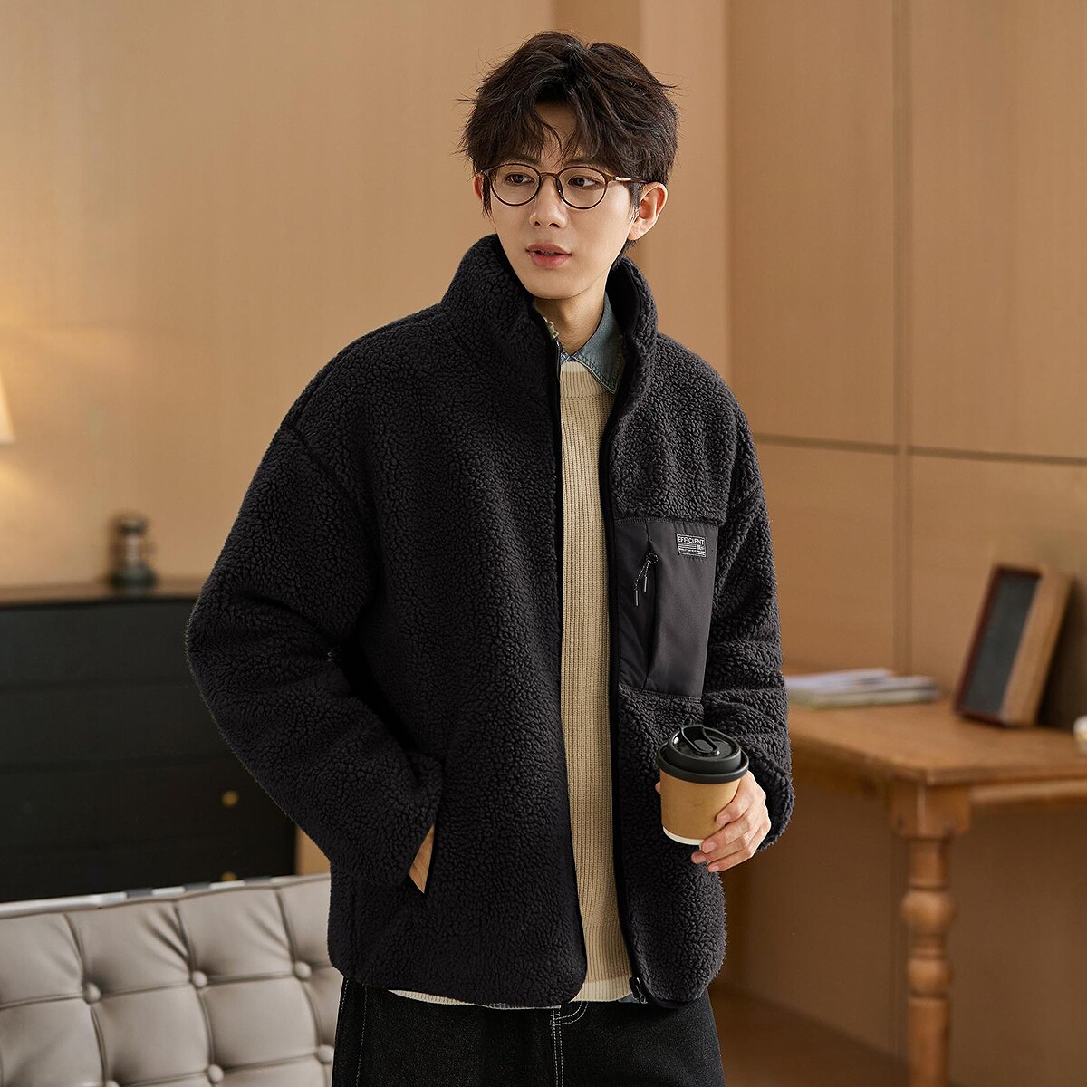 唐狮秋冬季新款仿羊羔毛外套男拼