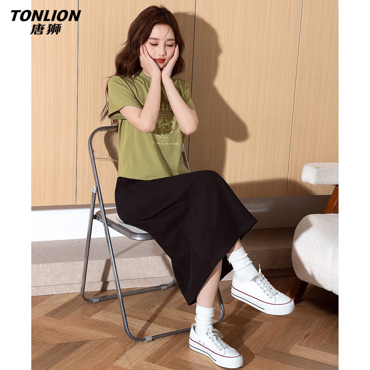 唐狮春夏季新款女圆领图案短袖T恤半身裙套装百搭减龄韩系套装