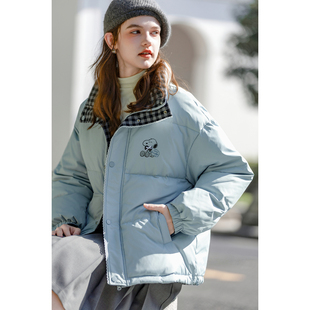 【史努比联名款】唐狮冬季短款羽绒服女立领双面穿格子设计感TMTA