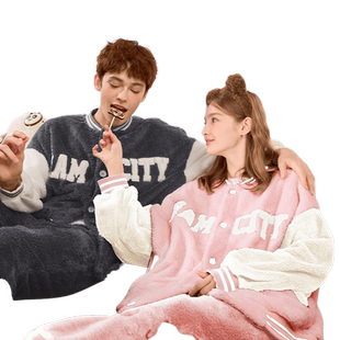 唐狮情侣睡衣冬季女加绒加厚休闲宽松男士外穿家居服棒球服外套