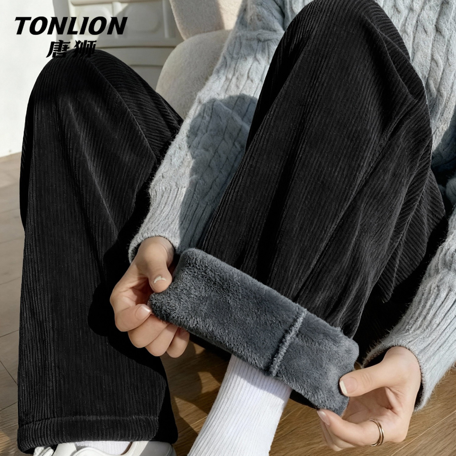 唐狮加绒阔腿裤女2025新款冬季