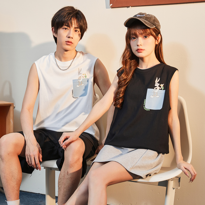 唐狮兔八哥印花无袖背心撞色口袋