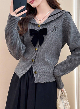 唐狮秋冬毛衣外套女复古海军领蝴蝶结装饰针织开衫高级感上衣tu