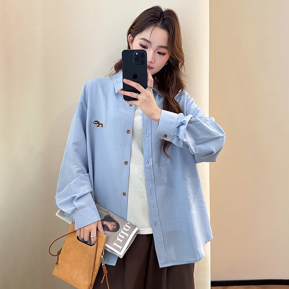 唐狮秋季衬衫女新款长袖纯色可爱