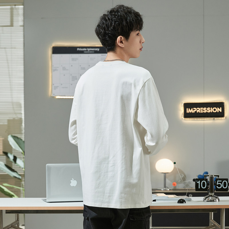 唐狮男士长袖t恤男春秋圆领宽松港风休闲简约ins设计感打底衫潮