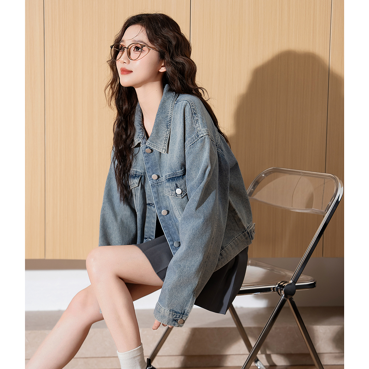 唐狮秋冬新款女牛仔外套减龄翻领