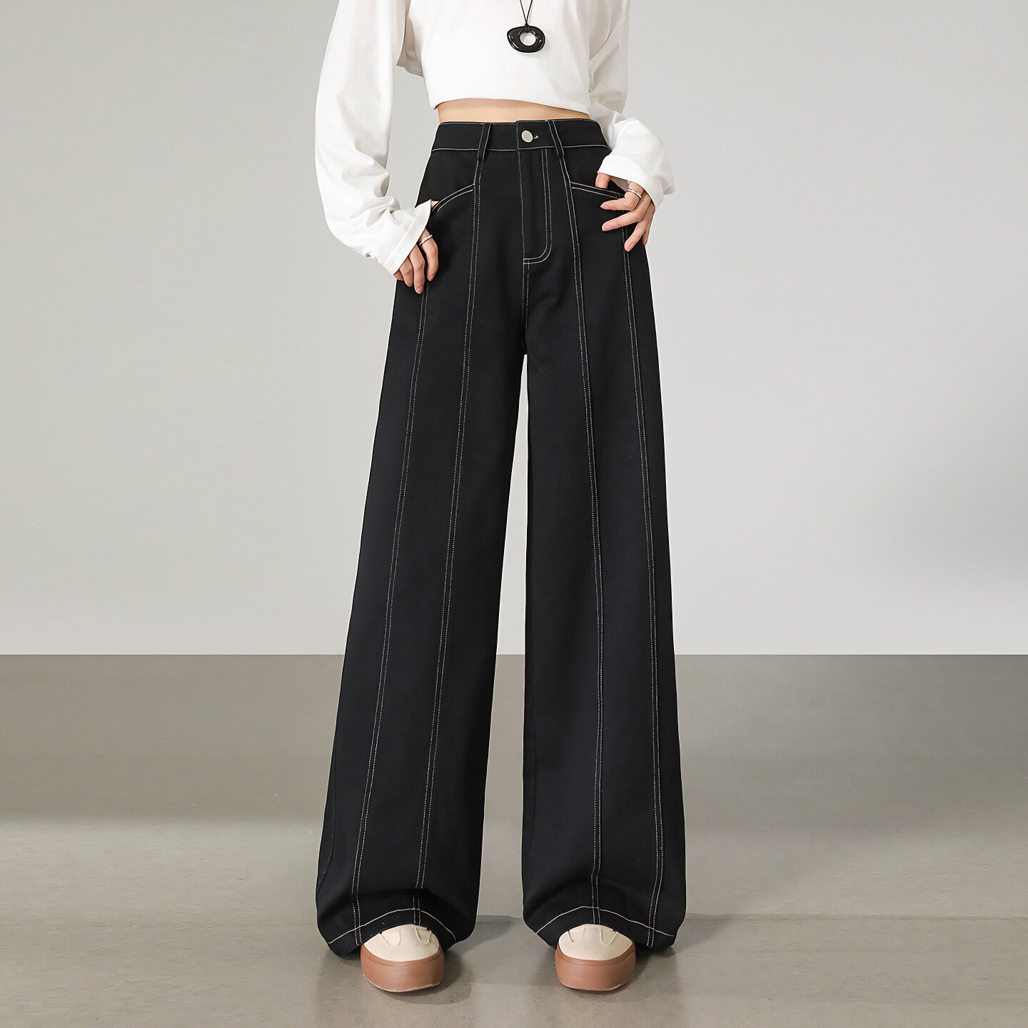 唐狮秋冬女休闲裤宽松明线阔腿长裤流行百搭设计感洋气工装裤tuTA