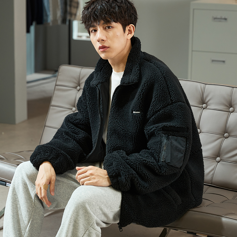 唐狮冬季厚外套男仿羊羔绒立领夹