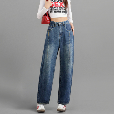 唐狮冬季女加绒宽松弯刀牛仔裤显