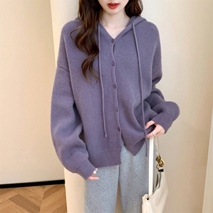 设计日常百搭毛线衫 唐狮秋冬季 女毛衣休闲风纽扣设计连帽开衫