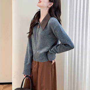 唐狮秋冬简约风撞色翻领拉链针织开衫女春秋外套高级感毛衣女TD