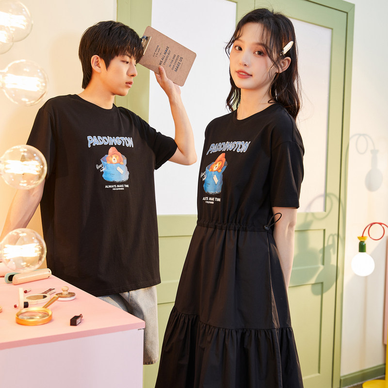 唐狮夏季短袖T恤女七夕情侣装一衣一裙可收腰T恤裙小熊印花孕妇裙
