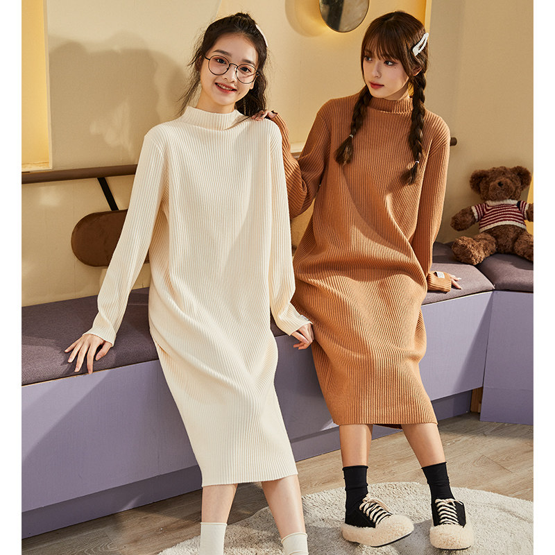 唐狮纯色打底裙秋冬女中长裙套头连衣裙半高领高腰a字裙休闲百搭