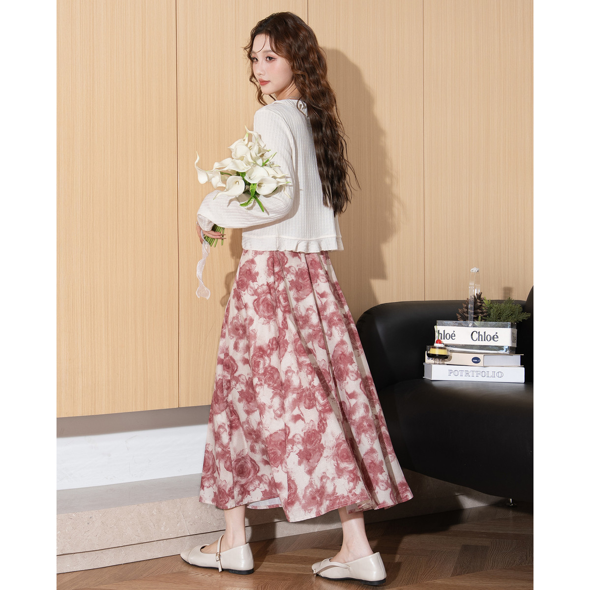 唐狮秋季套装女法式碎花气质收腰长裙上下两件套减龄高级感TM