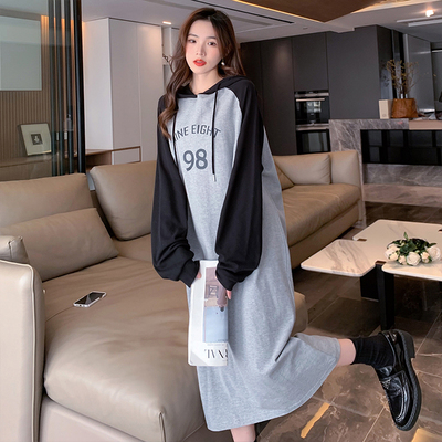 [清仓]唐狮插肩袖连帽卫衣连衣裙女士春秋流行穿搭女装长款法式气
