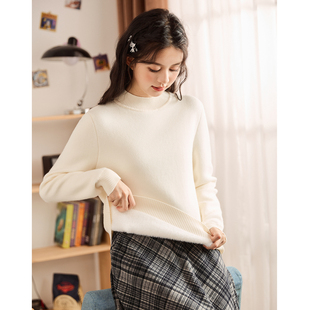 唐狮秋冬新款半高领净色内搭加绒打底衫女宽松圆领短款上衣TE
