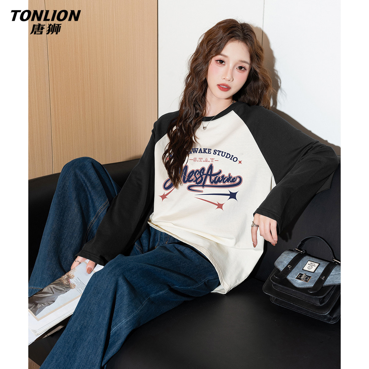 tonlion/唐狮春夏季T恤女装新款上衣长袖T恤印花宽松型棉质