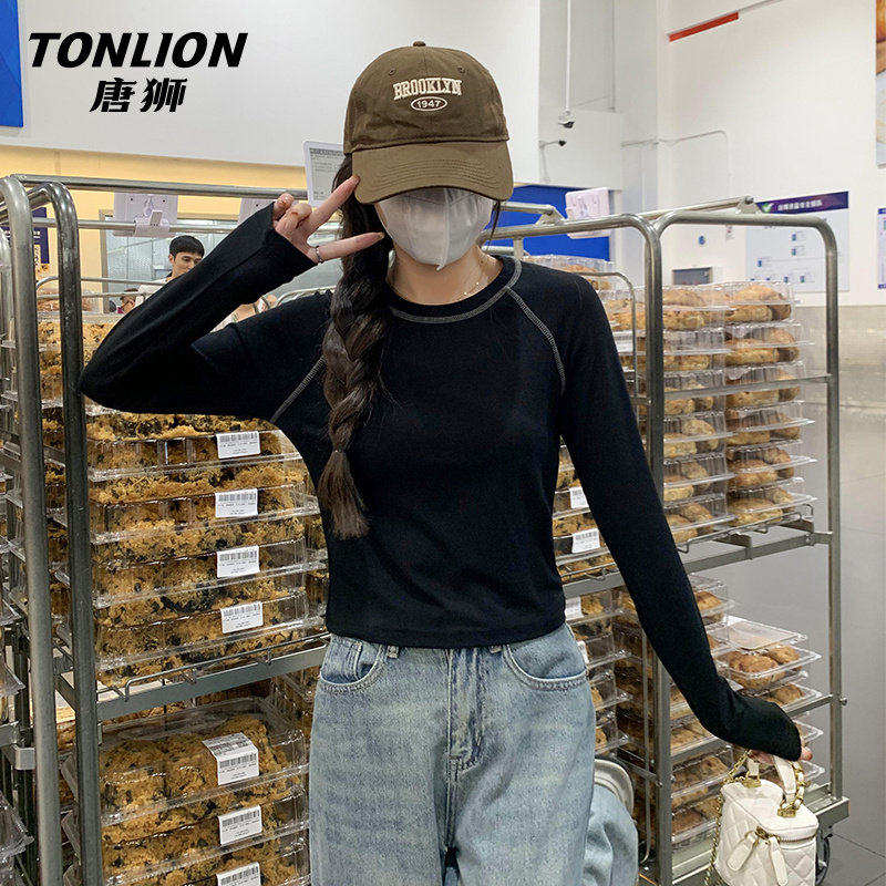 唐狮黑色长袖t恤女2026新款秋款小个子修身上衣显瘦内搭打底衫V