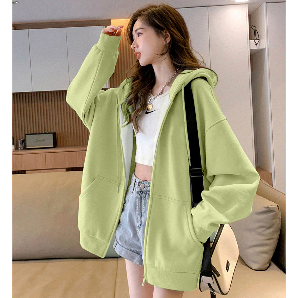 唐狮春秋季女净色外套抹茶绿短款时尚小众设计感小个子穿搭流行tu