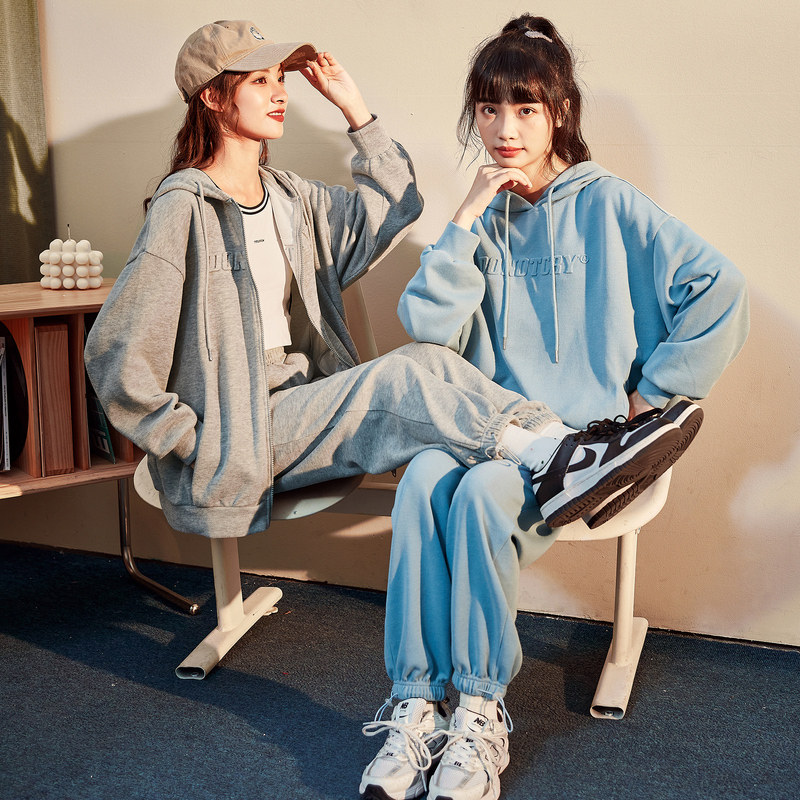唐狮运动休闲套装春秋女时尚流行学院风两件套连帽上衣开衫长裤