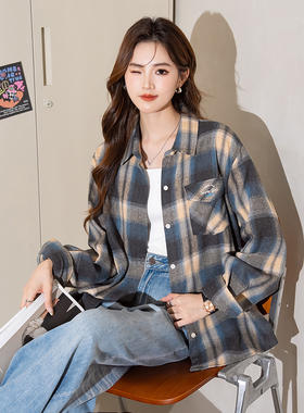 唐狮新款长袖衬衫女格子复古撞色字母印花翻领百搭休闲上衣blTM