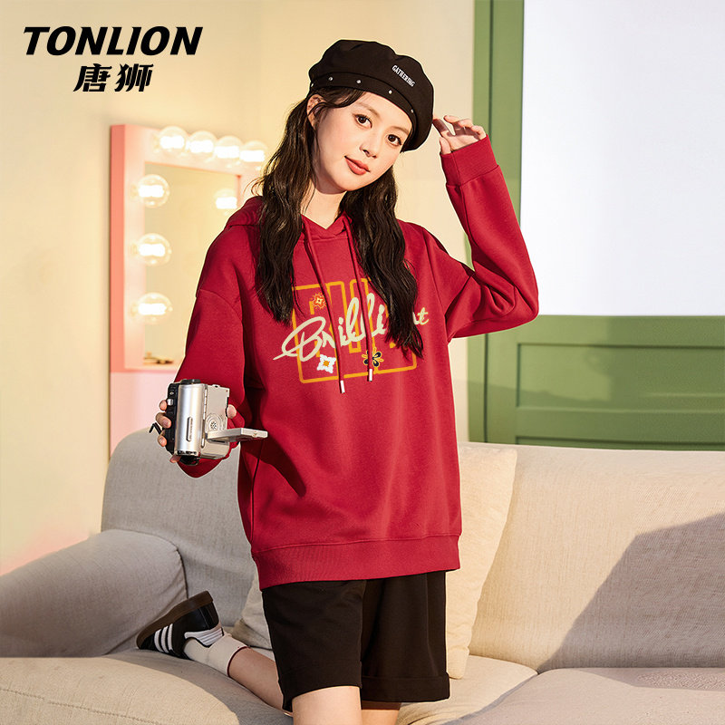 唐狮官方连帽卫衣女春秋款2026新款女款红色本命年马年套头上衣V