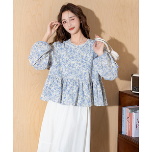 高端小资小上衣外套穿搭法式 白上新女装 衬衫 唐狮女圆领碎花长袖
