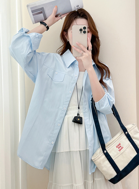 唐狮新款长袖衬衫女蓝色翻领宽松净色百搭休闲气质上衣blTM