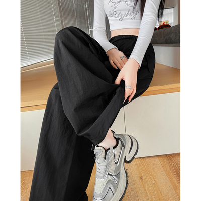 唐狮女宽松休闲净色褶皱尼龙长裤