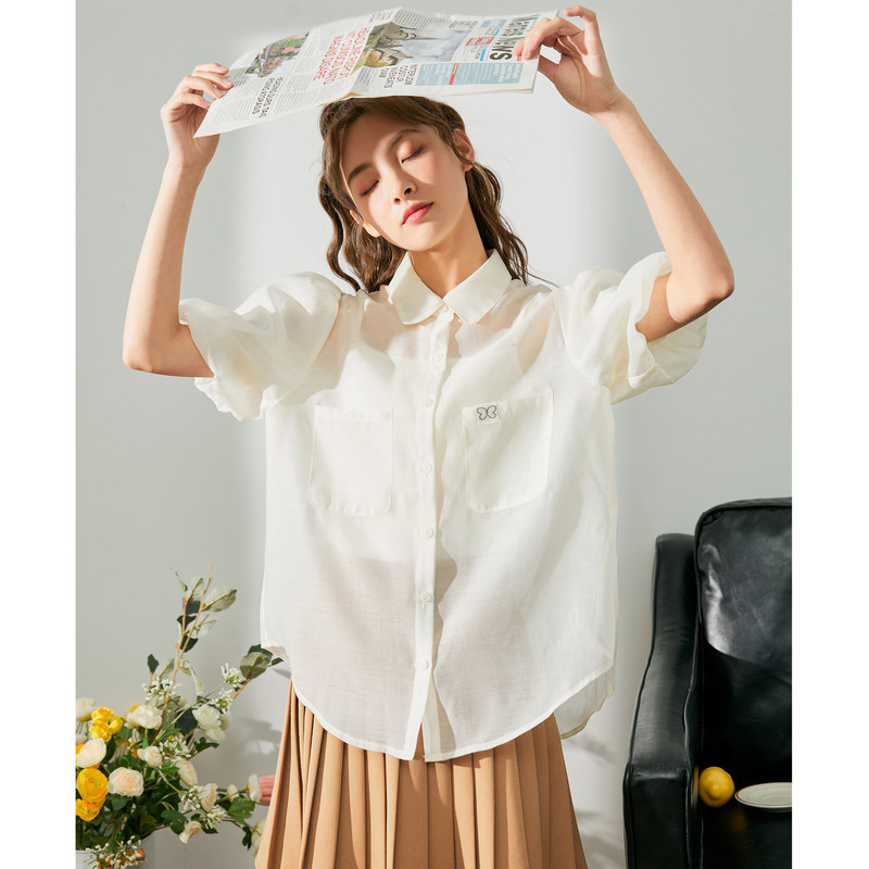 唐狮薄纱灯笼袖女衬衫夏季新款两件套短袖衬衫简约甜美清新上衣