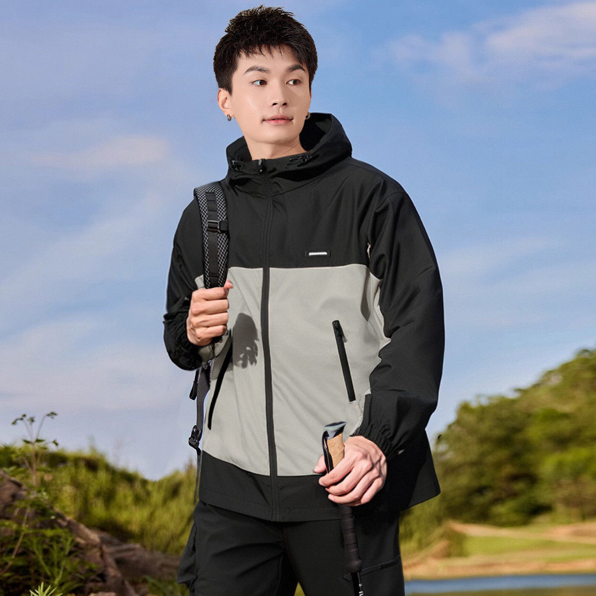 唐狮春秋季男士休闲外套户外工装夹克连帽撞色外套春装男外套TD